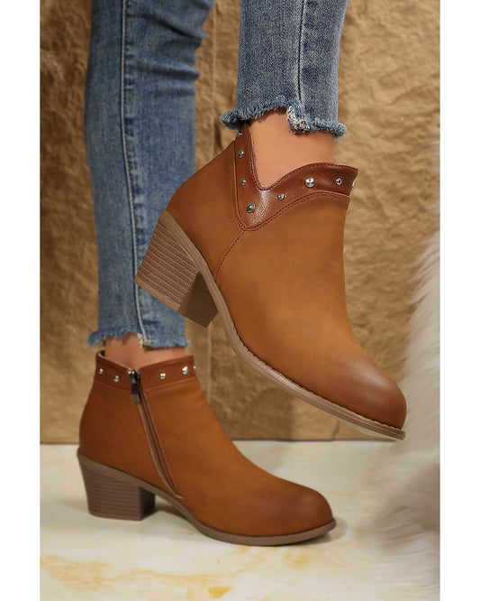 Studded Faux Leather Chunky Heel Ankle Boots