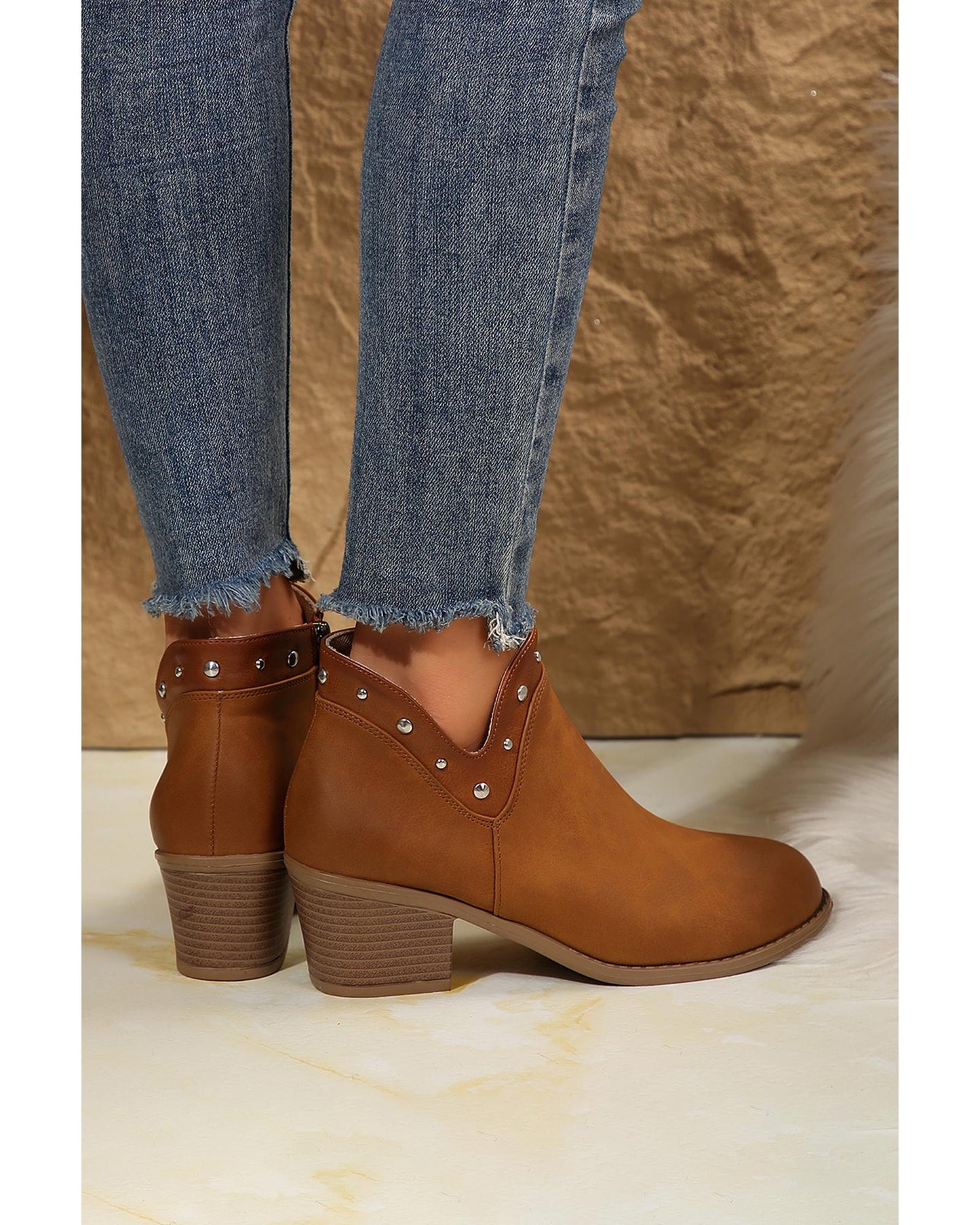 Studded Faux Leather Chunky Heel Ankle Boots