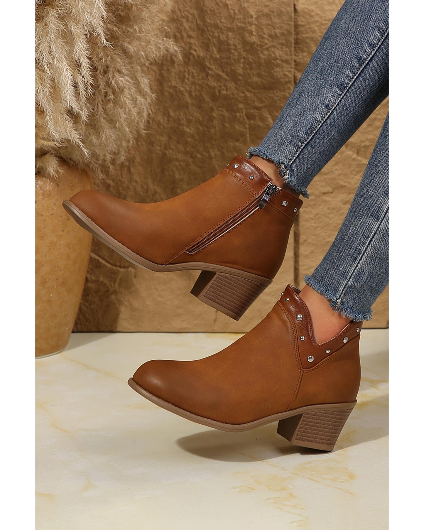 Studded Faux Leather Chunky Heel Ankle Boots