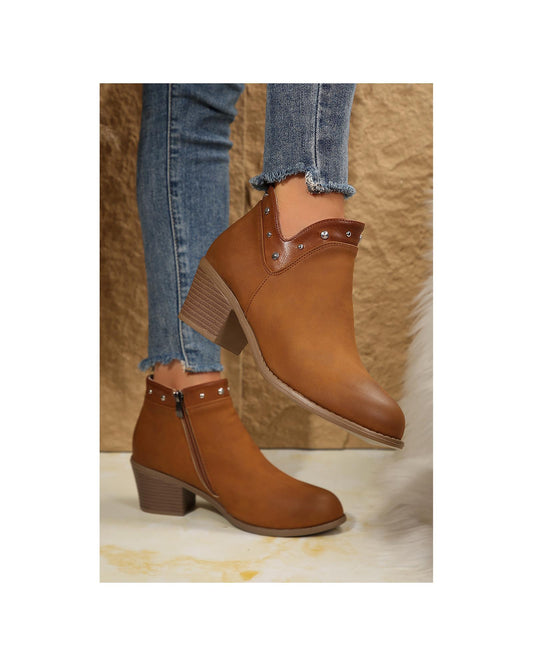 Studded Faux Leather Chunky Heel Ankle Boots
