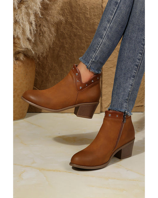 Studded Faux Leather Chunky Heel Ankle Boots