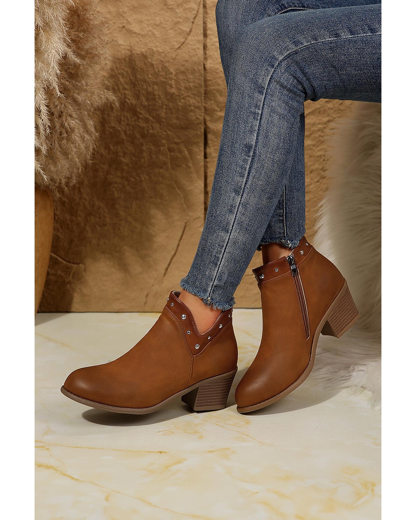 Studded Faux Leather Chunky Heel Ankle Boots