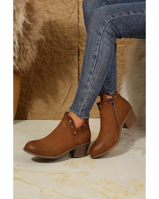 Studded Faux Leather Chunky Heel Ankle Boots