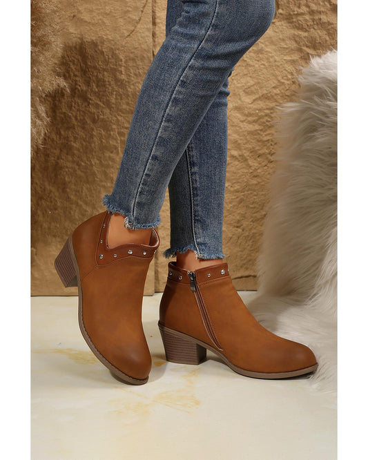Studded Faux Leather Chunky Heel Ankle Boots