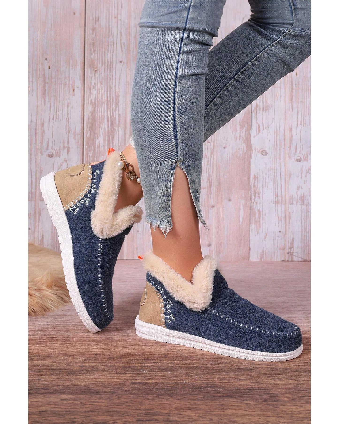 Suede Stitching Patchwork Plush Lined Anklet Boots