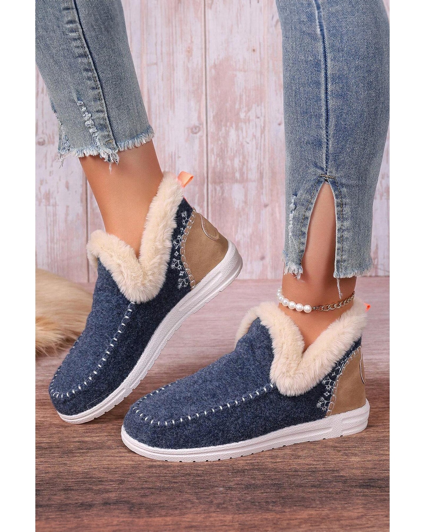 Suede Stitching Patchwork Plush Lined Anklet Boots