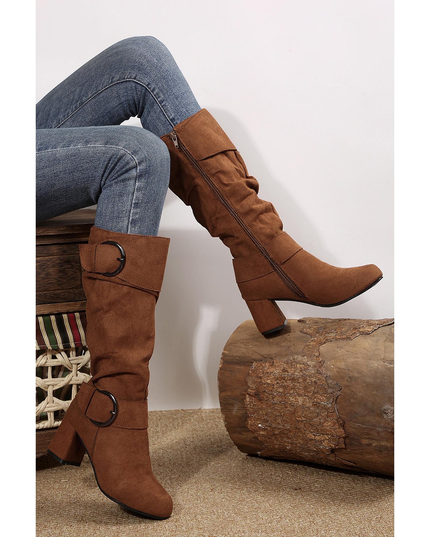 Coffee Suede Double Buckled Side Zipped Mid-calf Boots - 37 EU