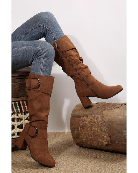 Coffee Suede Double Buckled Side Zipped Mid-calf Boots - 37 EU