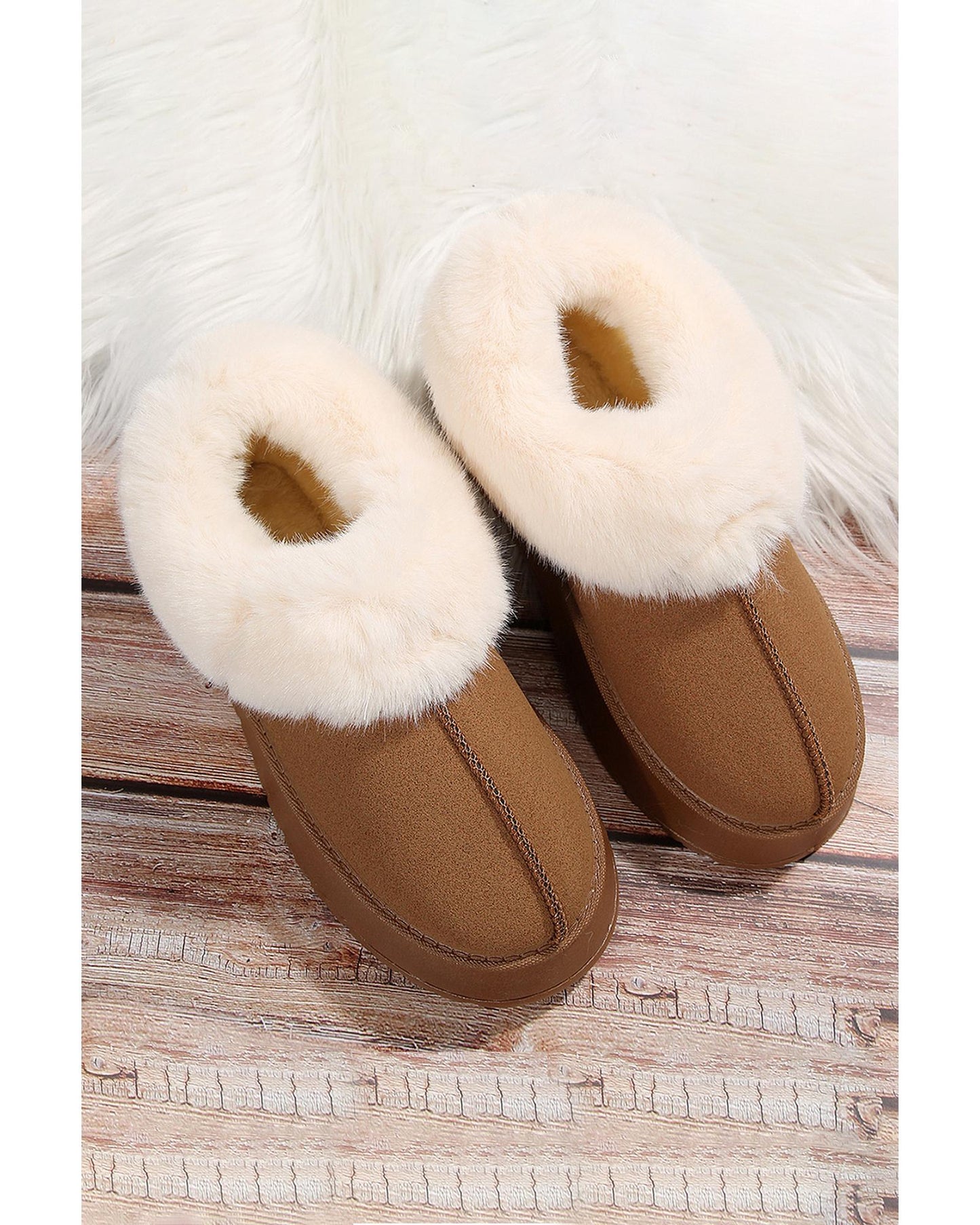 Chestnut Plush Suede Trim Thick Sole Flat Snow Boots - 40 EU