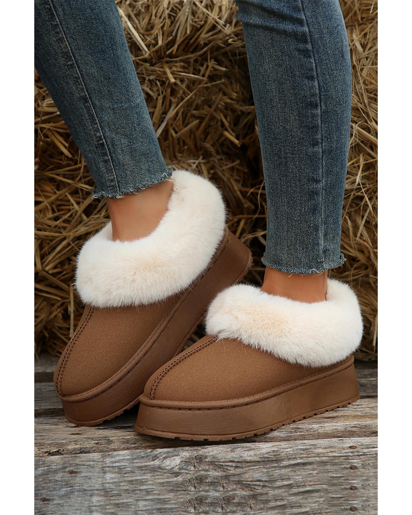 Chestnut Plush Suede Trim Thick Sole Flat Snow Boots - 40 EU