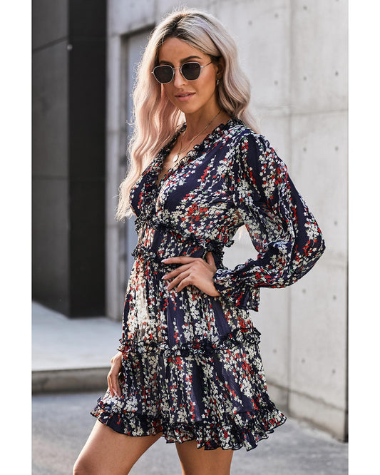 Blue Ruffle Detailing Open Back Floral Dress