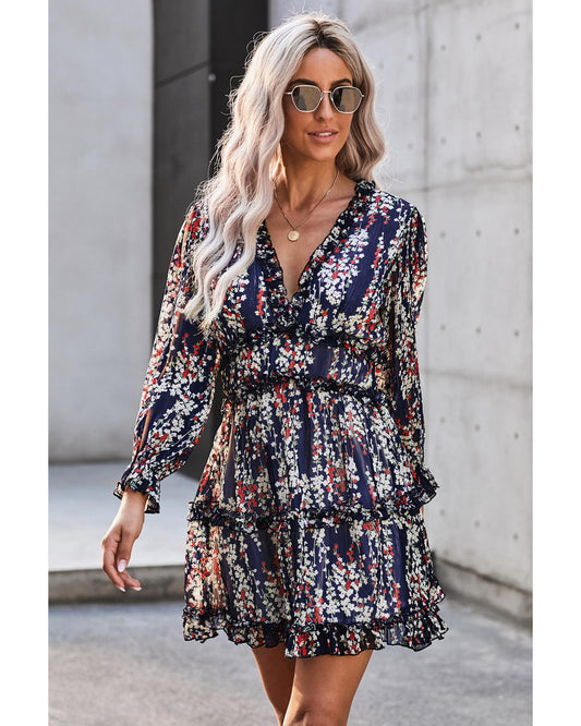 Blue Ruffle Detailing Open Back Floral Dress