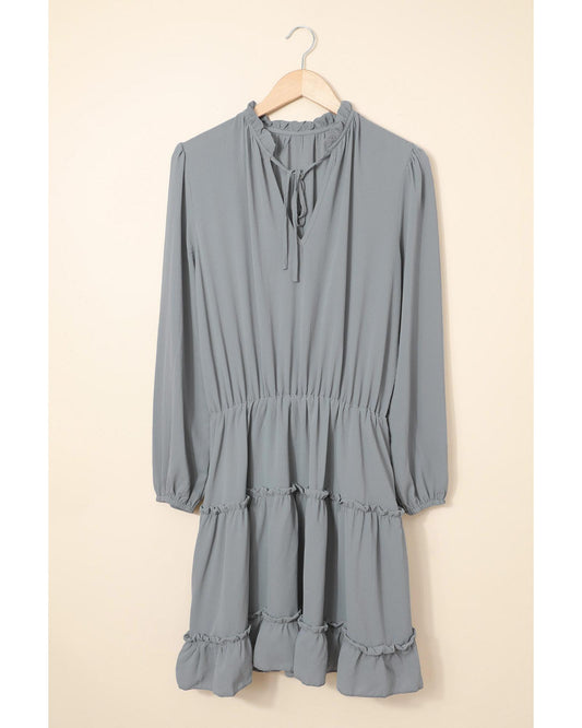 Gray V Neck Long Sleeve Ruffle Tiered Mini Dress