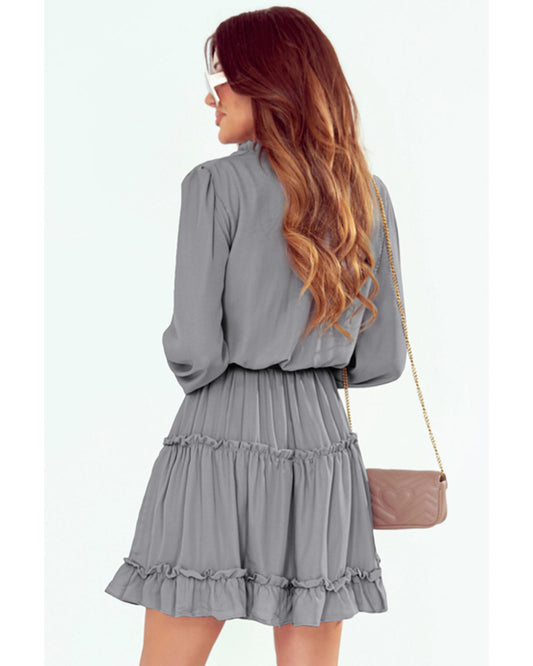 Gray V Neck Long Sleeve Ruffle Tiered Mini Dress