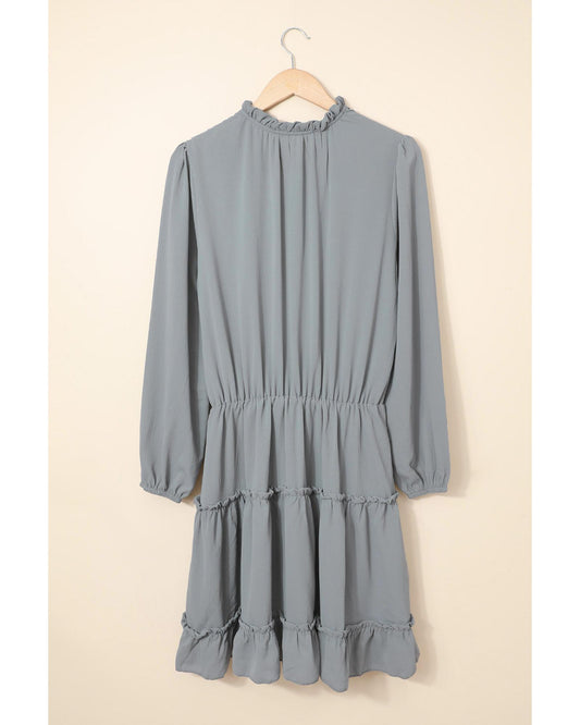 Gray V Neck Long Sleeve Ruffle Tiered Mini Dress