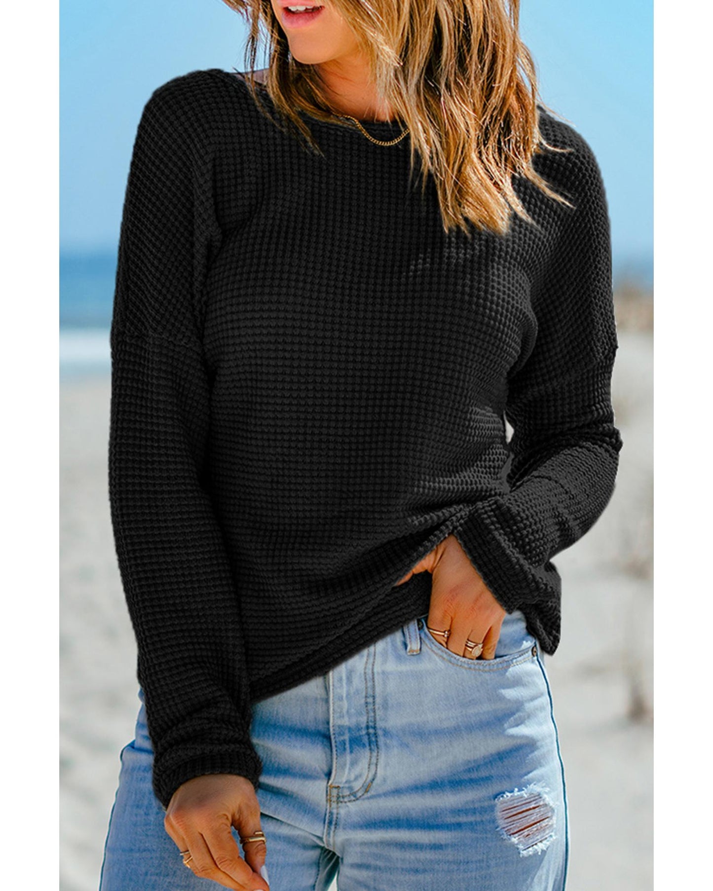 AZURA EXCHANGE Waffle Knit Long Sleeve Top