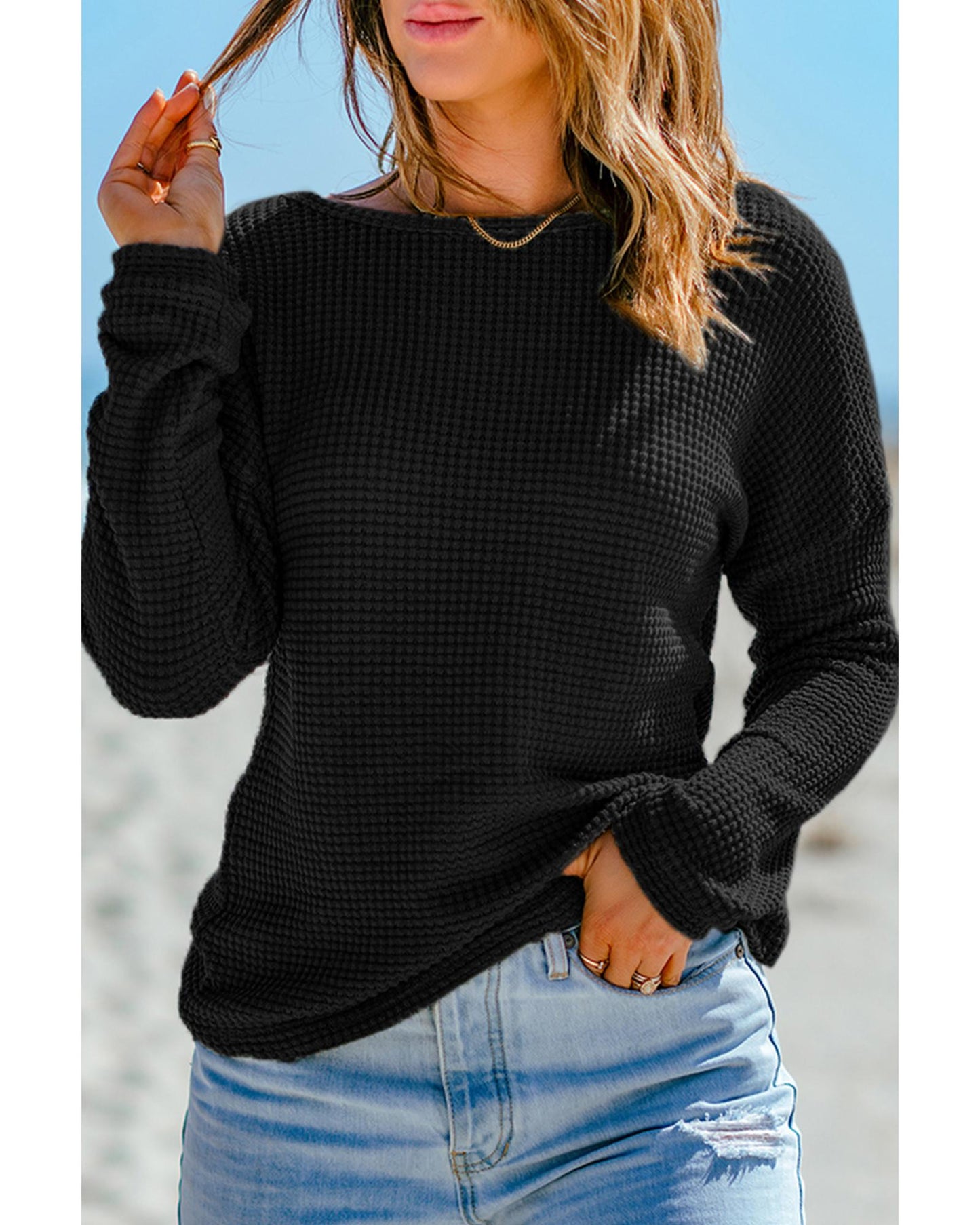 AZURA EXCHANGE Waffle Knit Long Sleeve Top