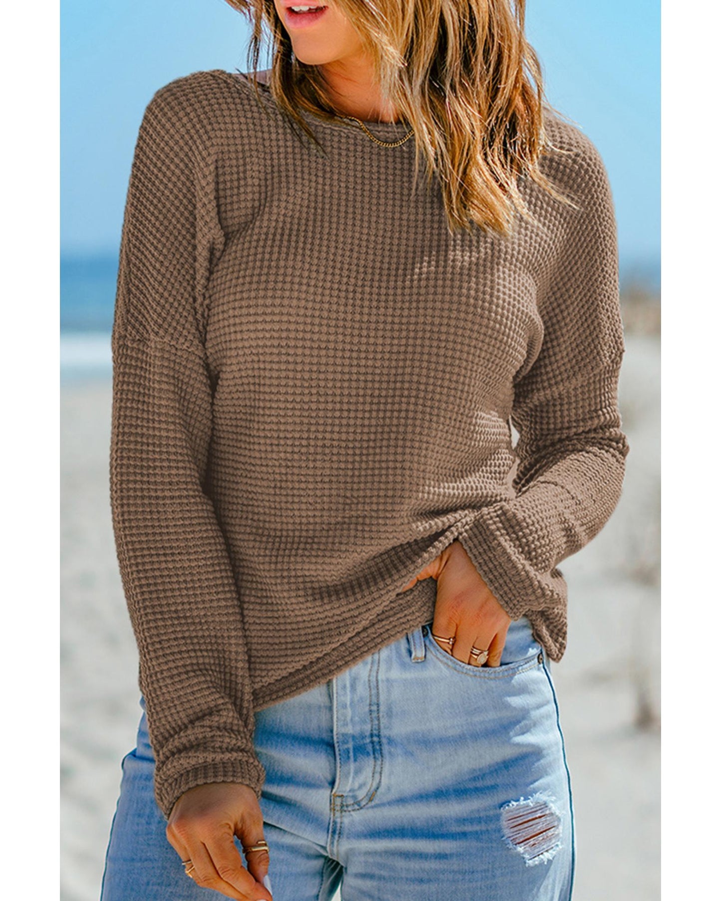 AZURA EXCHANGE Waffle Knit Long Sleeve Top