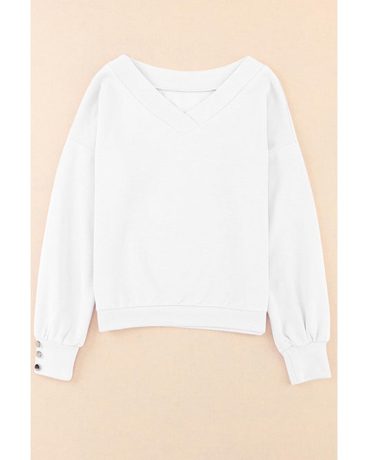 White Knitted V Neck Buttoned Cuffs Sweater
