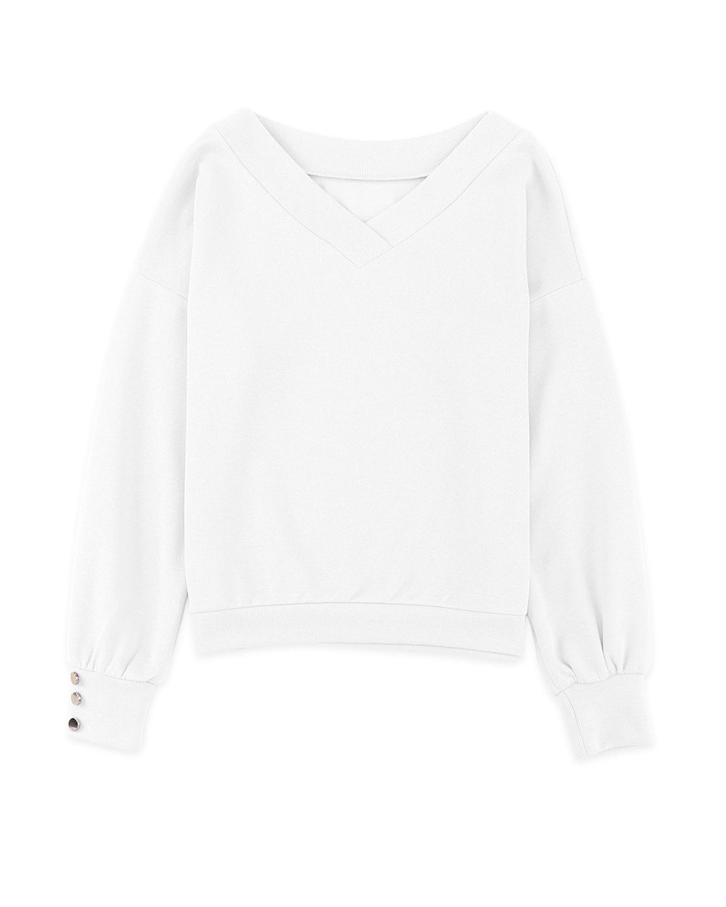 White Knitted V Neck Buttoned Cuffs Sweater