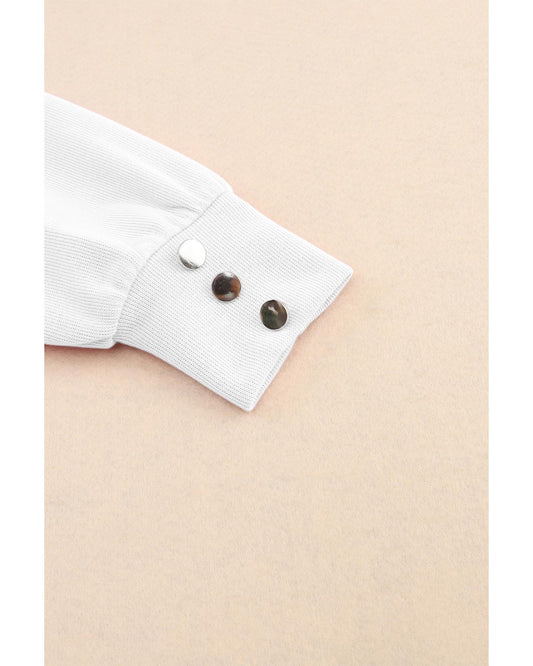 White Knitted V Neck Buttoned Cuffs Sweater
