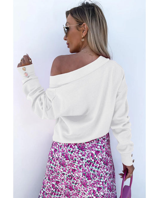 White Knitted V Neck Buttoned Cuffs Sweater