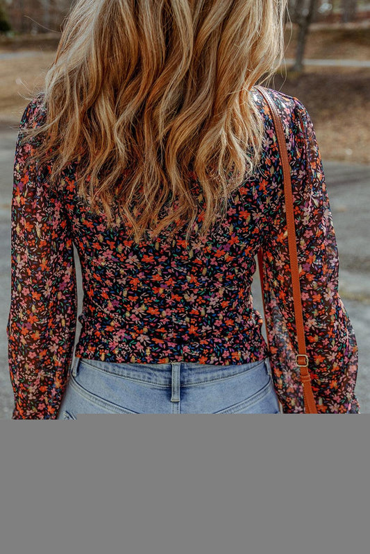 Azura Exchange V Neck Bubble Sleeve Floral Blouse