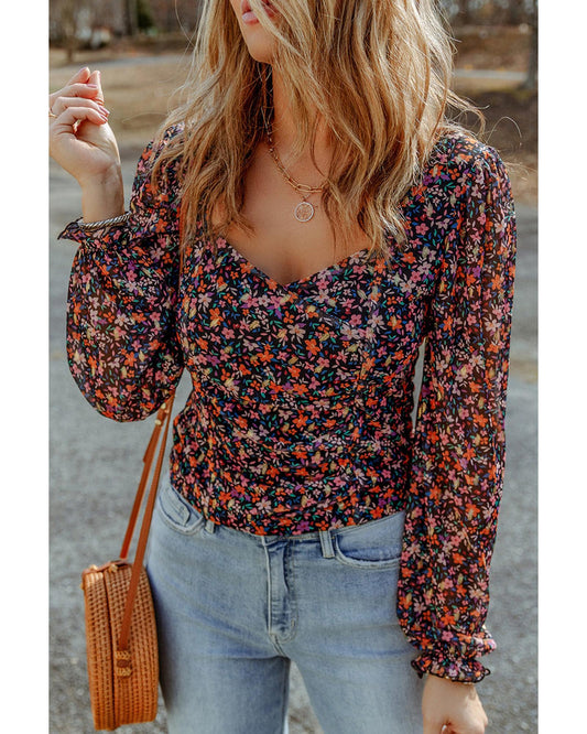 Azura Exchange V Neck Bubble Sleeve Floral Blouse