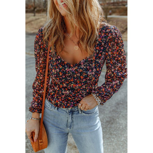 Azura Exchange V Neck Bubble Sleeve Floral Blouse