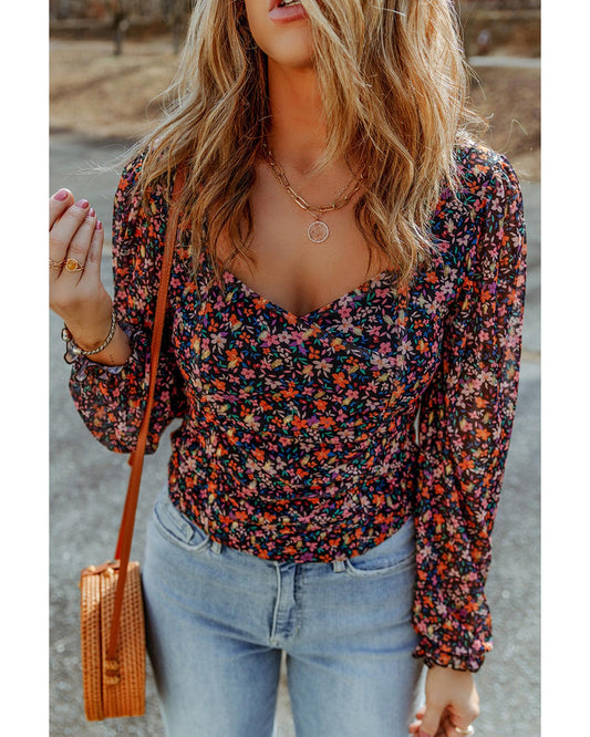 Azura Exchange V Neck Bubble Sleeve Floral Blouse