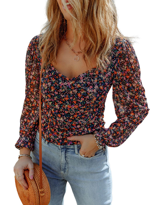 Azura Exchange V Neck Bubble Sleeve Floral Blouse