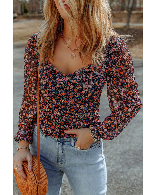 Azura Exchange V Neck Bubble Sleeve Floral Blouse