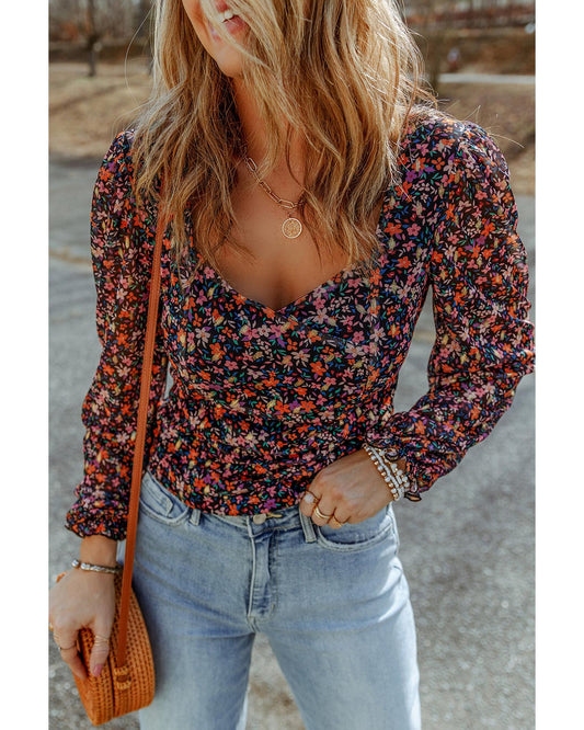 Azura Exchange V Neck Bubble Sleeve Floral Blouse