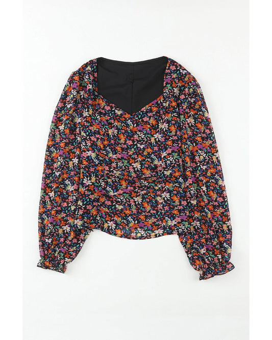 Azura Exchange V Neck Bubble Sleeve Floral Blouse
