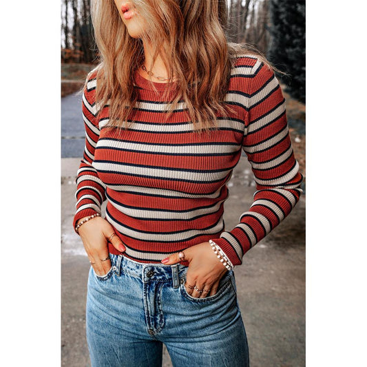 AZURA EXCHANGE Striped Ribbed Knit Slim Fit Top