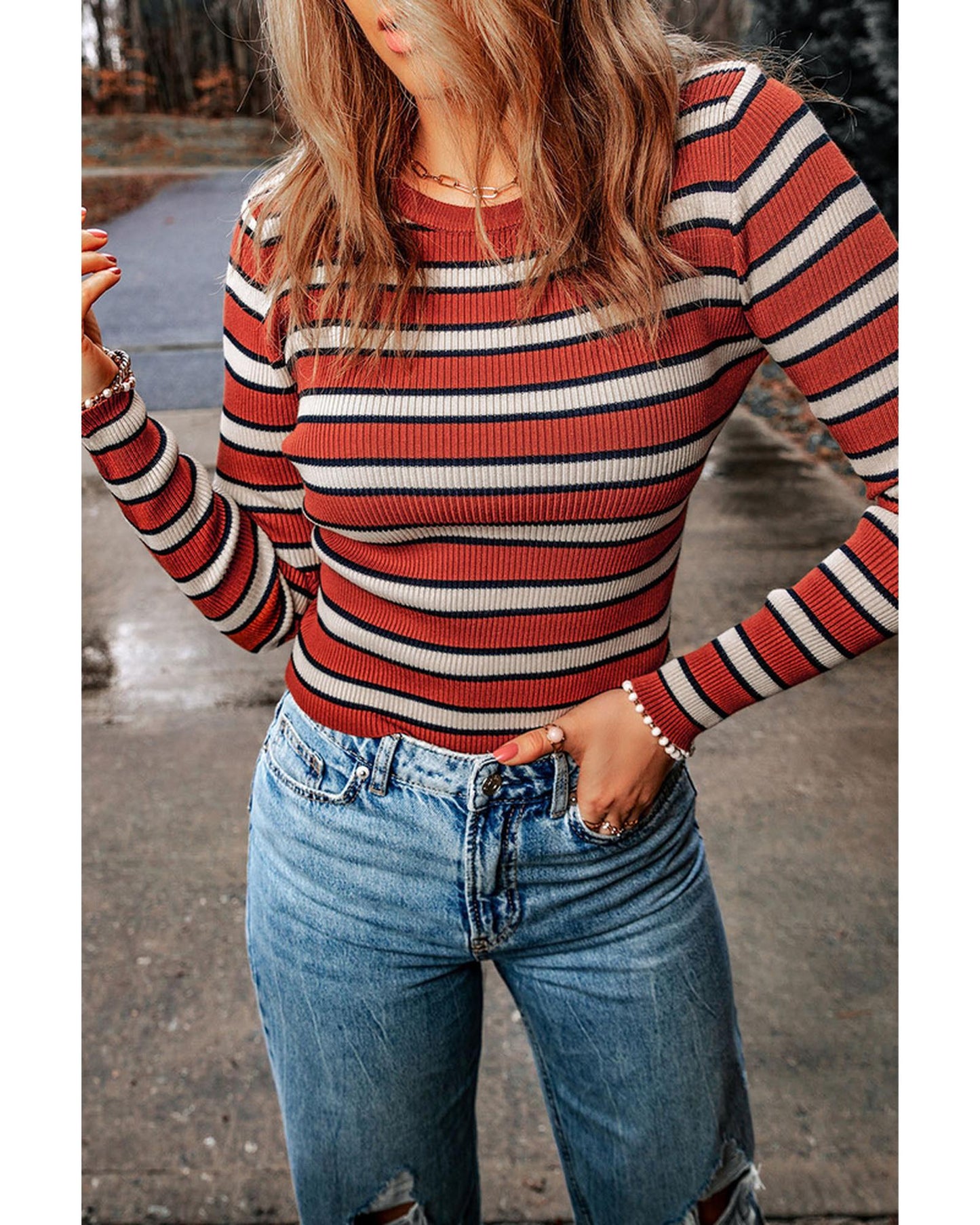 AZURA EXCHANGE Striped Ribbed Knit Slim Fit Top