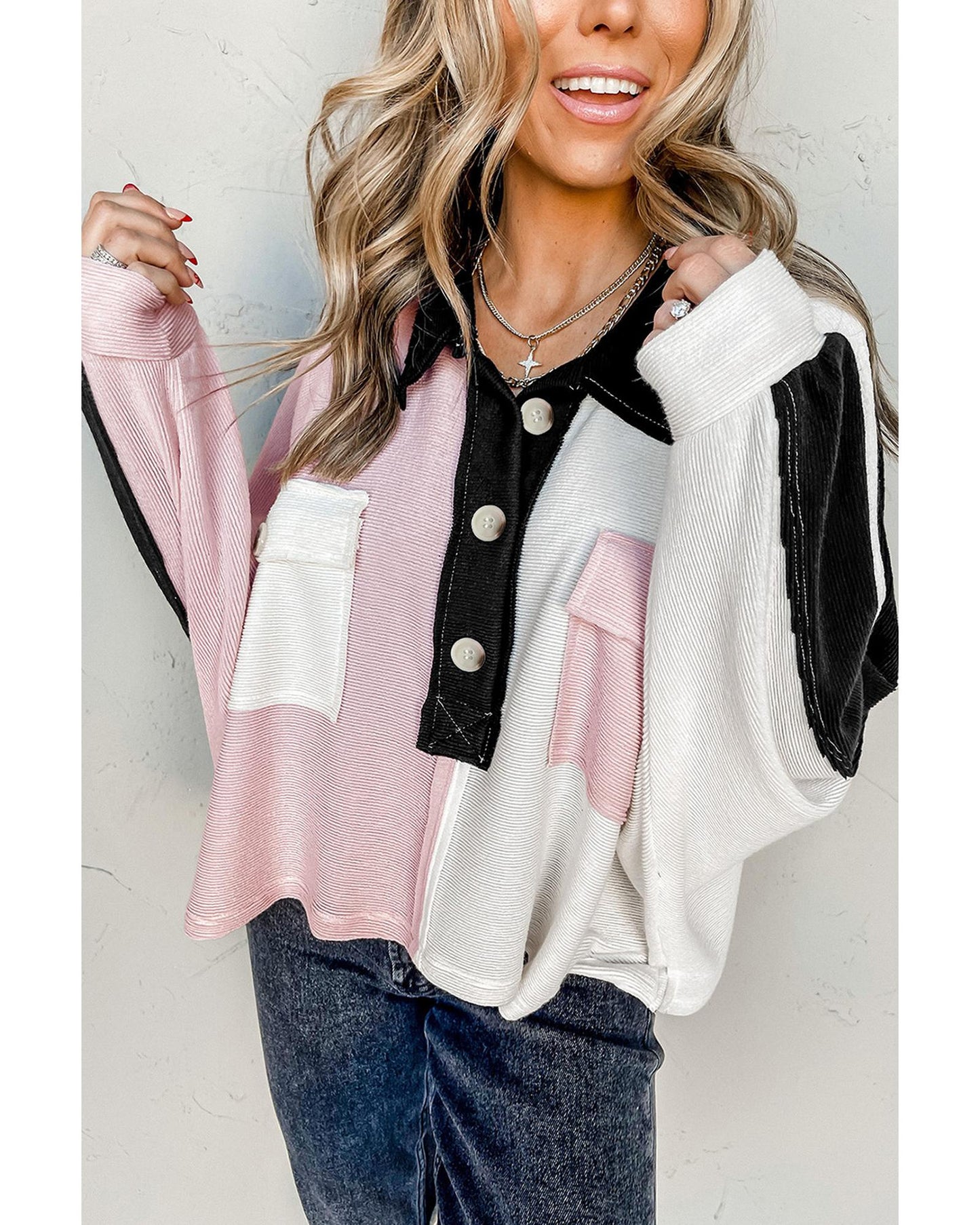 Azura Exchange Colorblock Flap Pockets Henley Collared Top - L