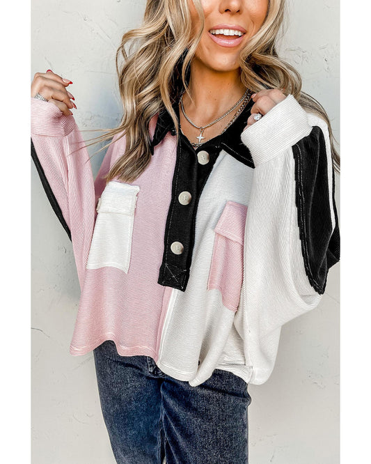 Azura Exchange Colorblock Flap Pockets Henley Collared Top - L
