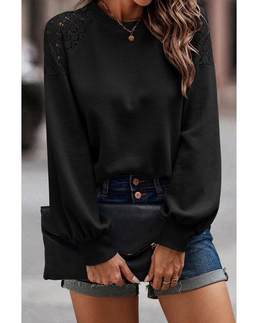 Black Lace Long Sleeve Textured Pullover
