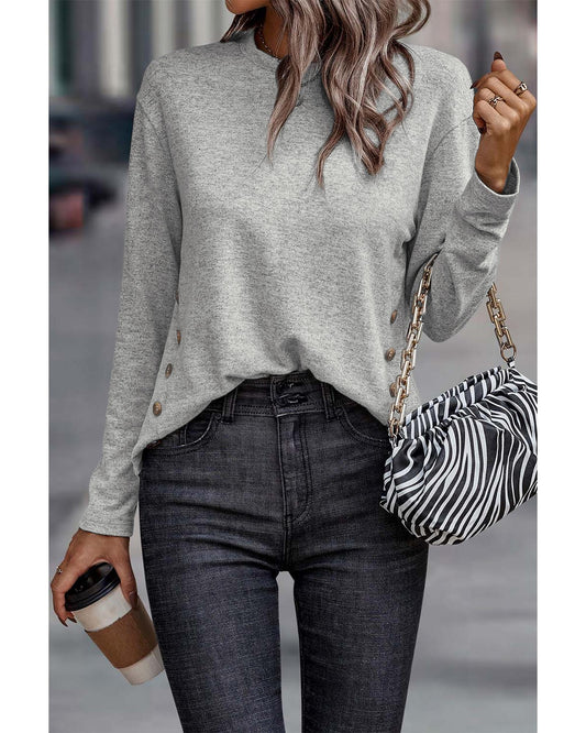 Gray Side Buttons Crew Neck Knit Top