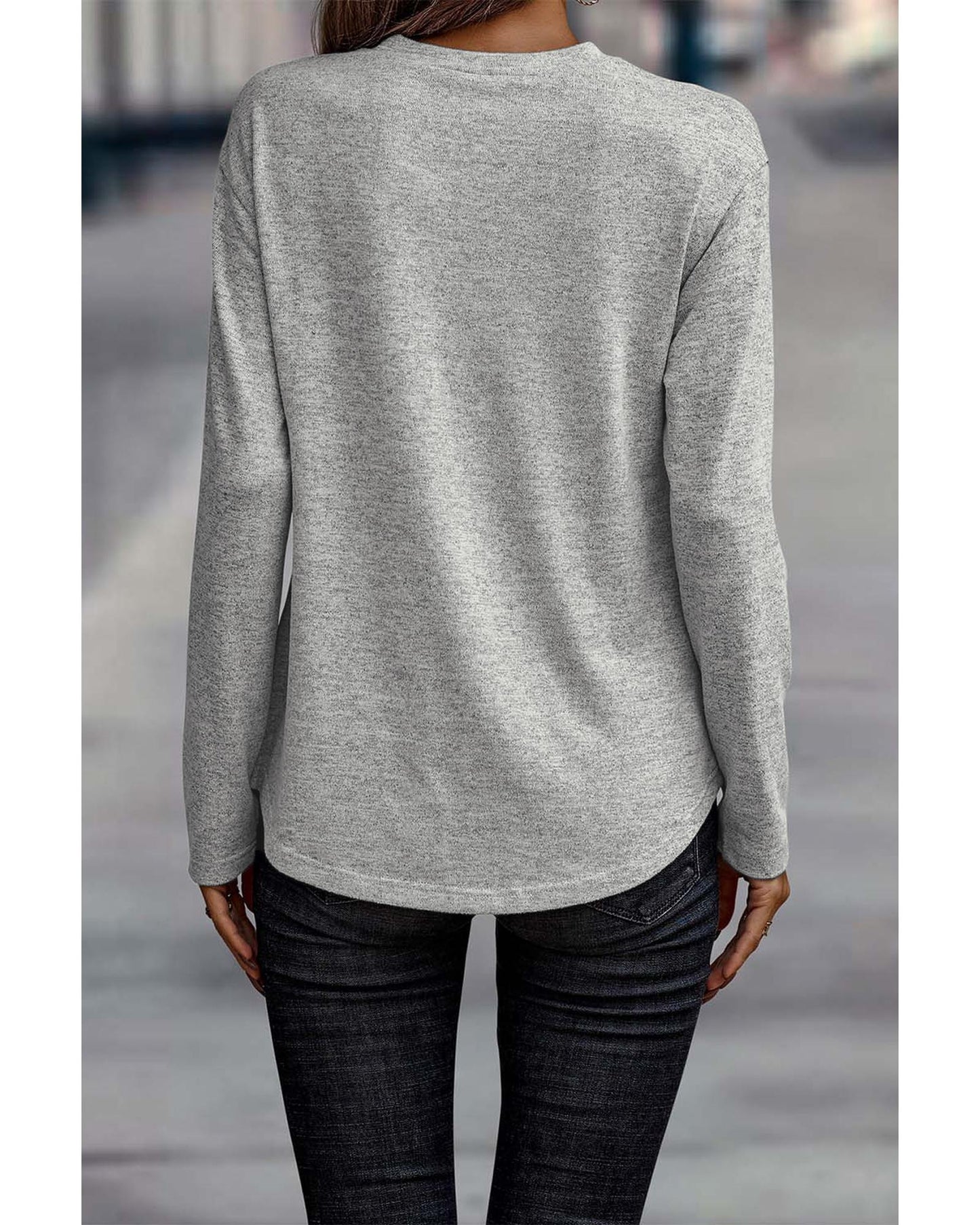 Gray Side Buttons Crew Neck Knit Top