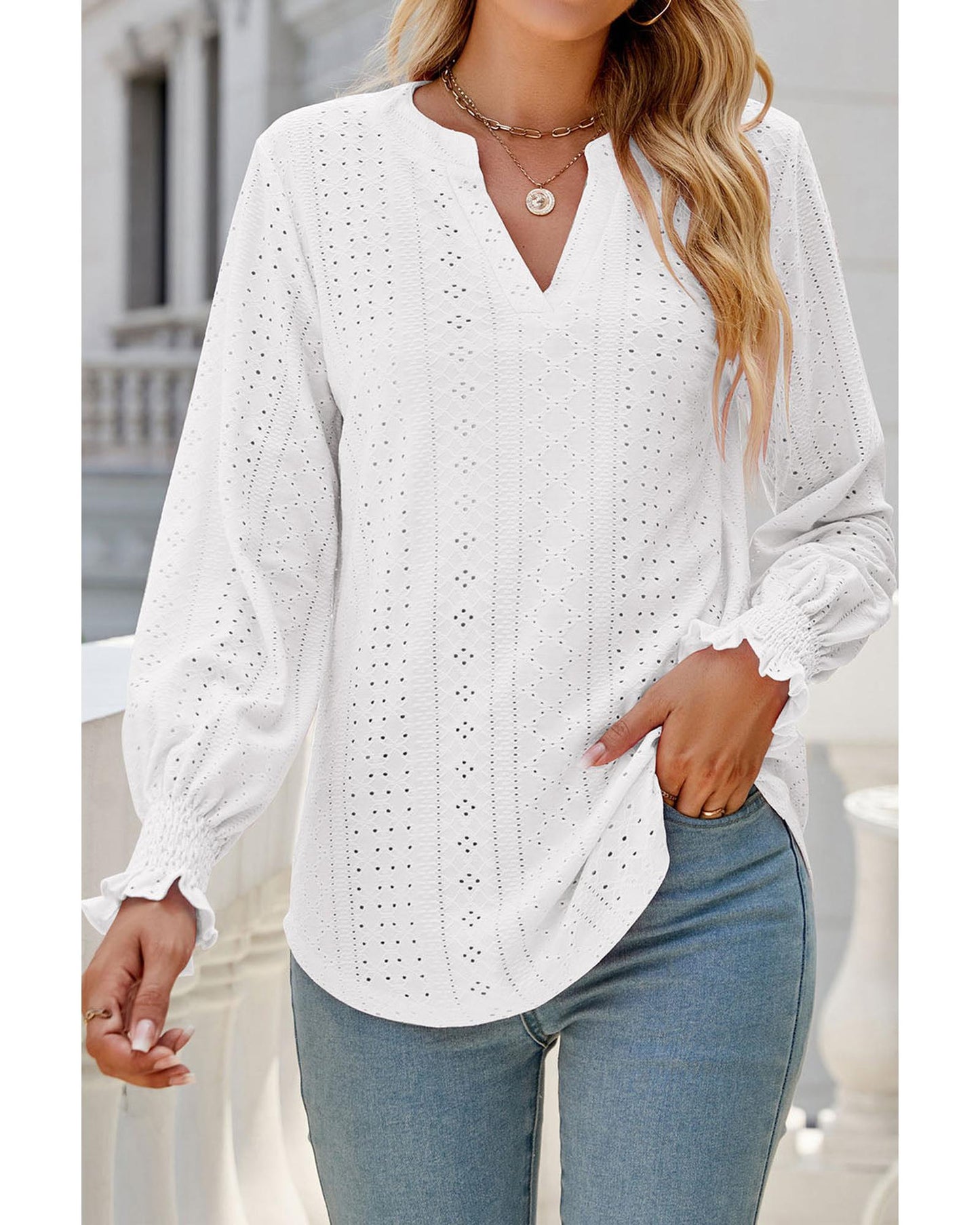AZURA EXCHANGE Split Neck Textured Loose Blouse