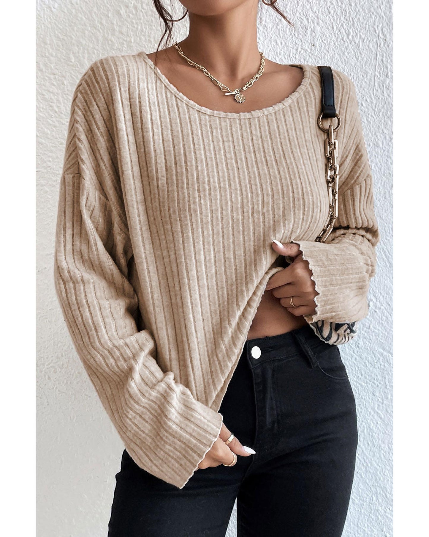 AZURA EXCHANGE Beige Loose Ribbed Knit Top