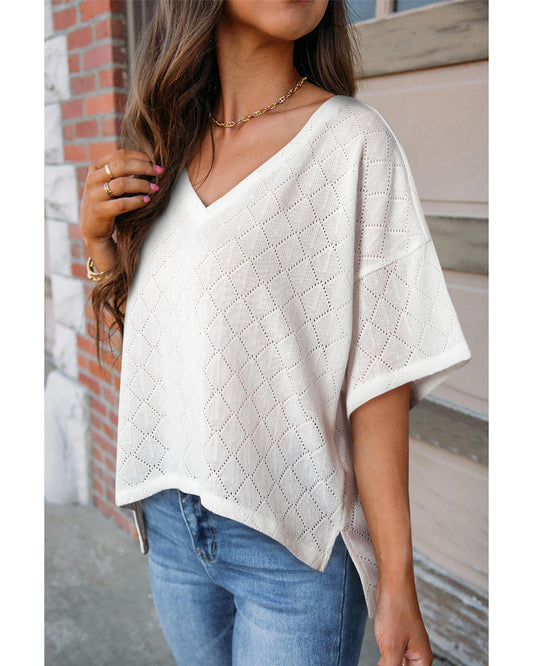 White V Neck Knitted Flowy Blouse