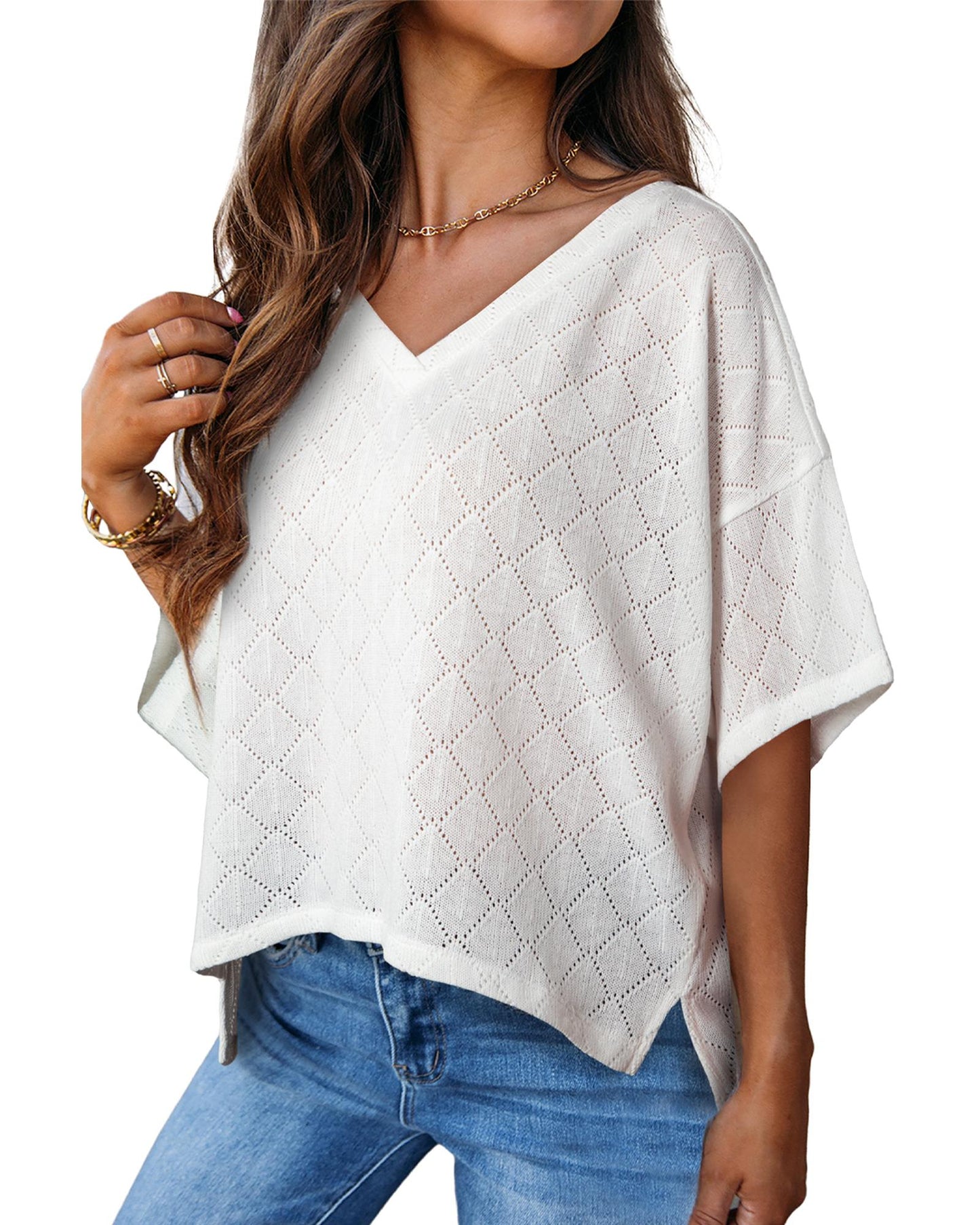 White V Neck Knitted Flowy Blouse