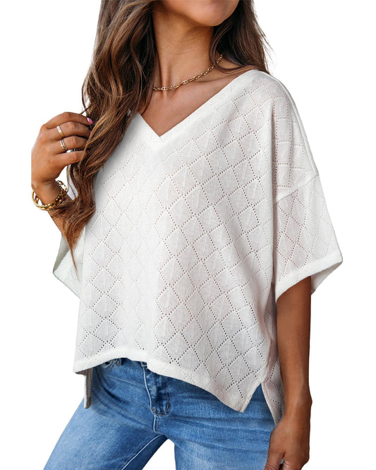 White V Neck Knitted Flowy Blouse