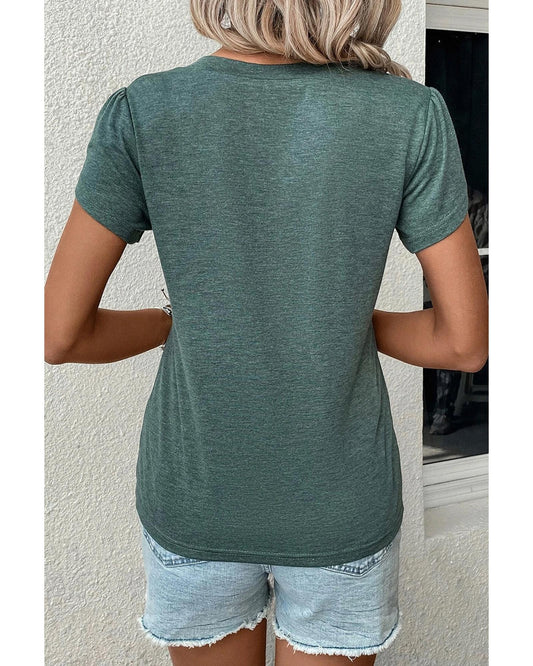 Mist Green Fashion Petal Sleeve V Neck T Shirt