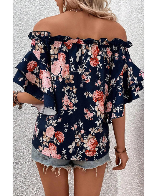 Ruffle Off Shoulder Flounce Sleeve Floral Blouse