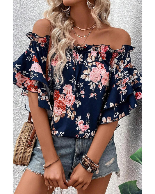 Ruffle Off Shoulder Flounce Sleeve Floral Blouse
