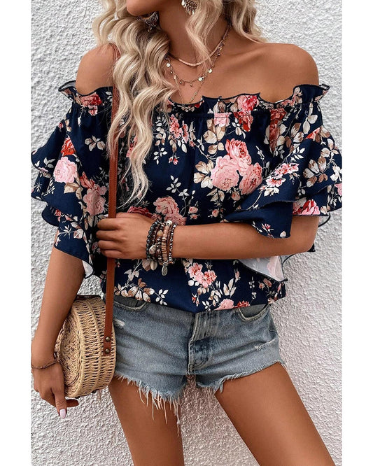 Ruffle Off Shoulder Flounce Sleeve Floral Blouse